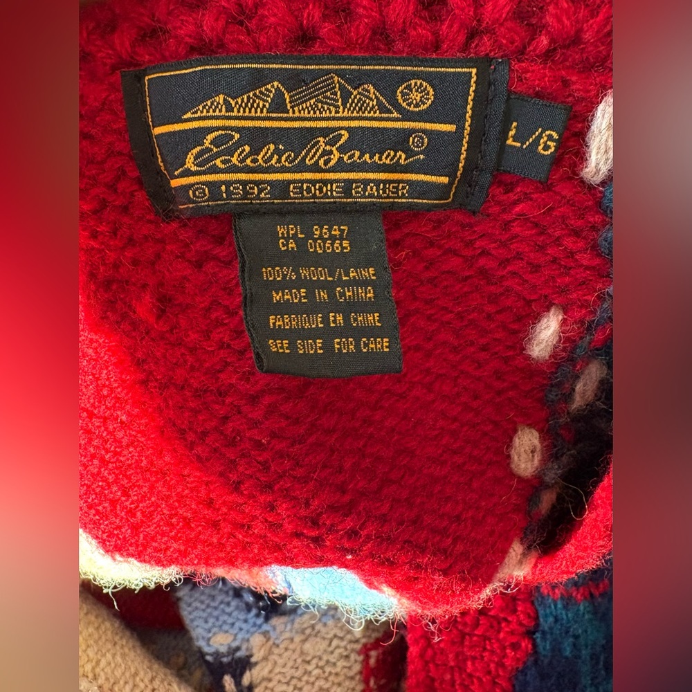 Vintage 1992 🇺🇸 EDDIE BAUER 100% Wool Knit Americana Graphic Sweater Vest large - Picture 3 of 3